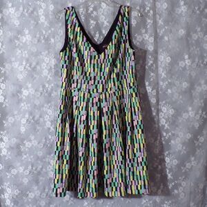 Colorful Geometric Print Dress Size 14 Pastel Boho Artsy Eclectic Office Pastel
